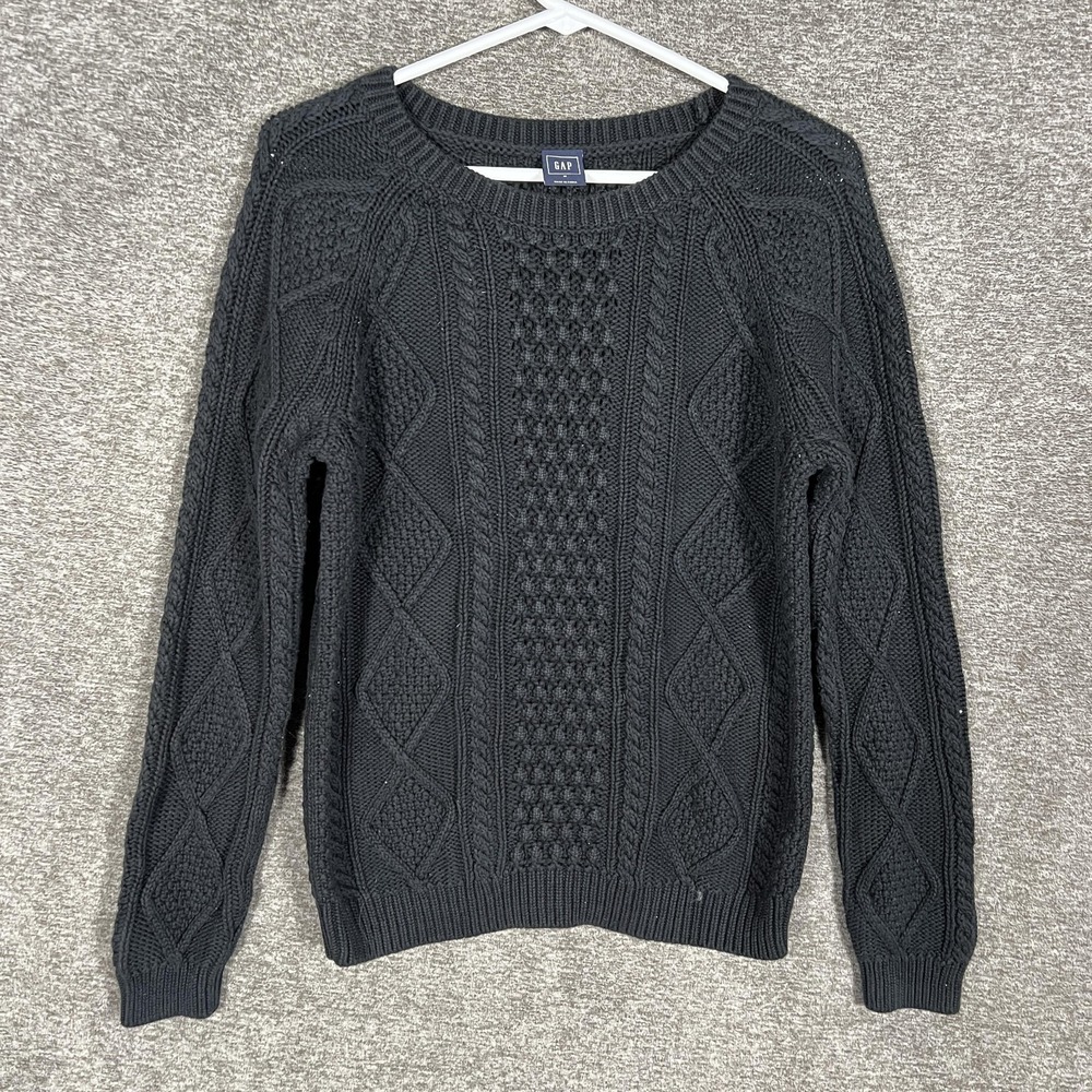 Gap Sweater Mens Medium Black 100% Cotton Cable Knit Fisherman Pullover 3D Chunk